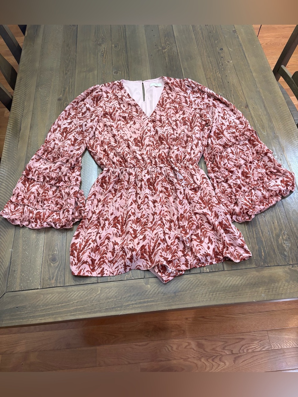 Entro Pink and Rust Printed V-Neck Bell Sleeve Romper